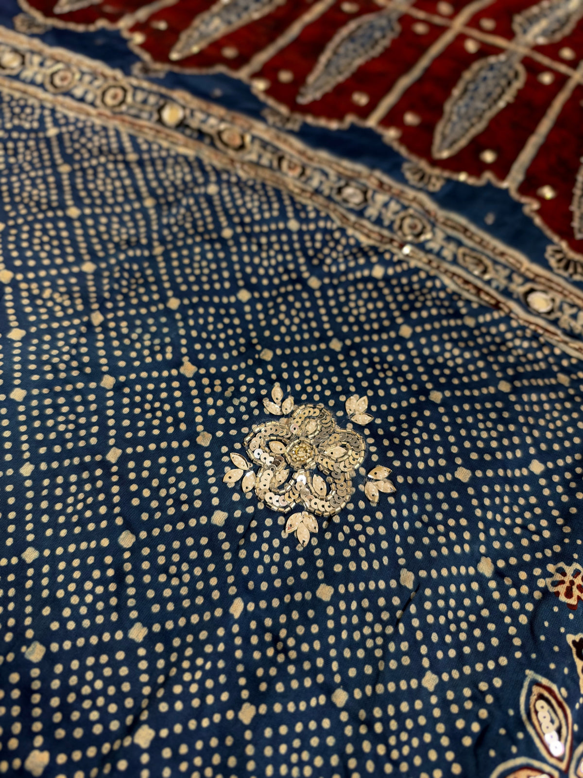 CORNFLOWER BLOOM - Pure Modal Ajrakh Hand Embroidered Saree