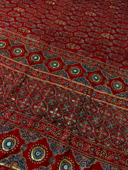 PAPRIKA BLOOM - Pure Modal Ajrakh Hand Embroidered Saree
