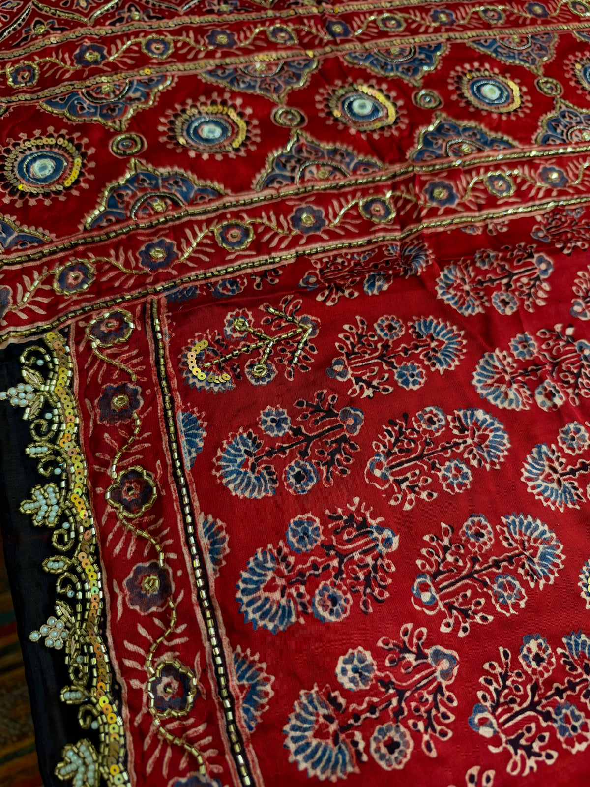PAPRIKA BLOOM - Pure Modal Ajrakh Hand Embroidered Saree