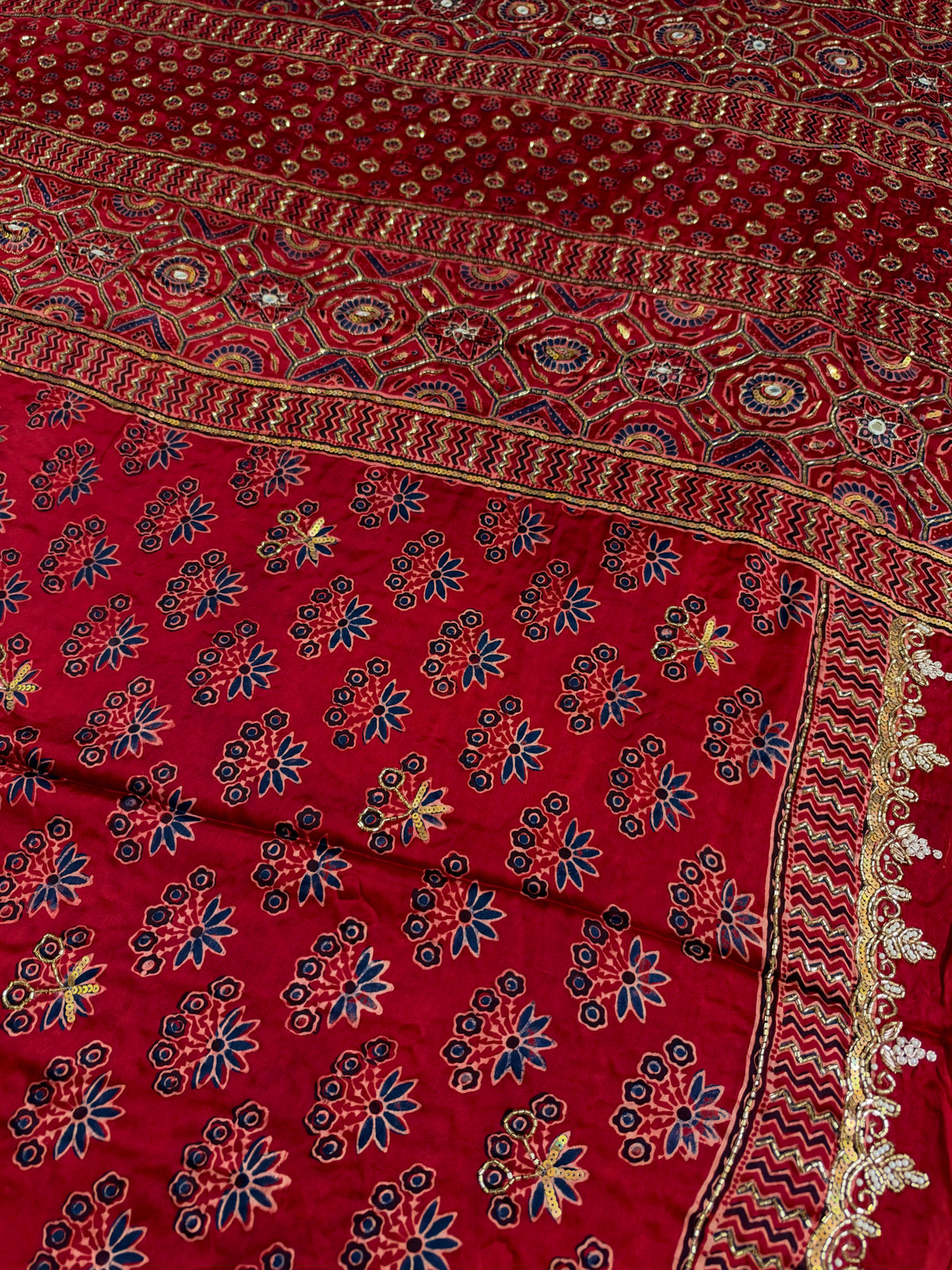 FLAME DESIRE - Pure Modal Ajrakh Hand Embroidered Saree