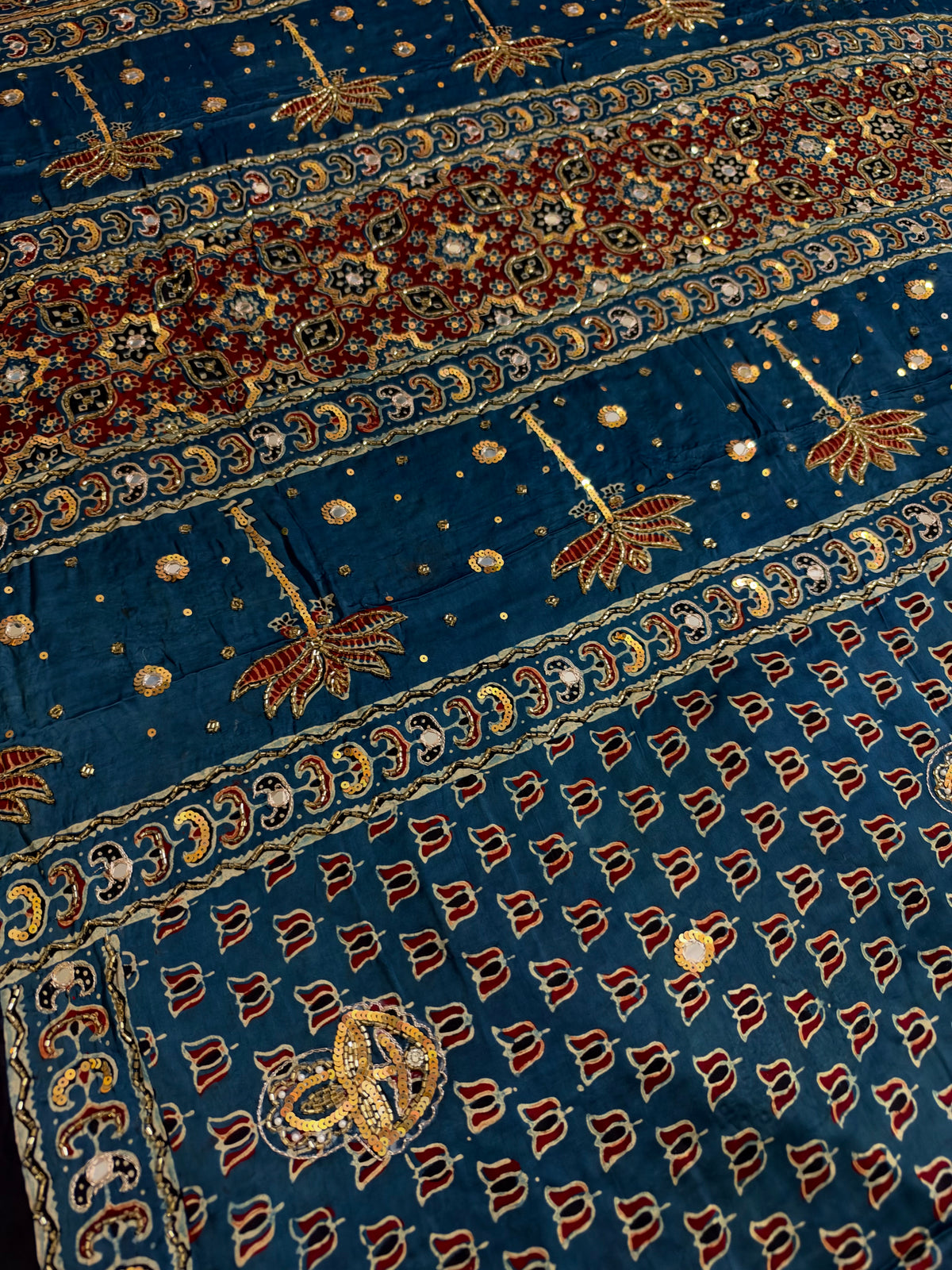 ETHEREAL BLOOM - Pure Modal Ajrakh Hand Embroidered Saree