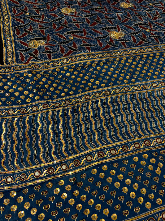 BLUEBELL GARDEN - Pure Modal Ajrakh Hand Embroidered Saree