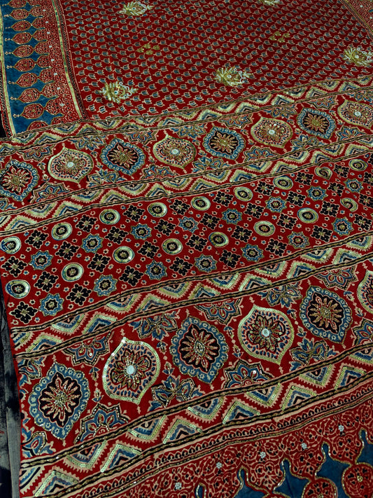 WHISPER GARDEN - Pure Modal Ajrakh Hand Embroidered Saree