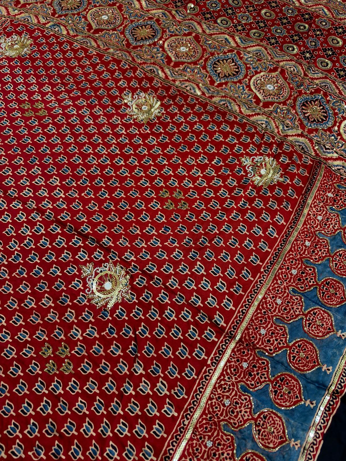 WHISPER GARDEN - Pure Modal Ajrakh Hand Embroidered Saree