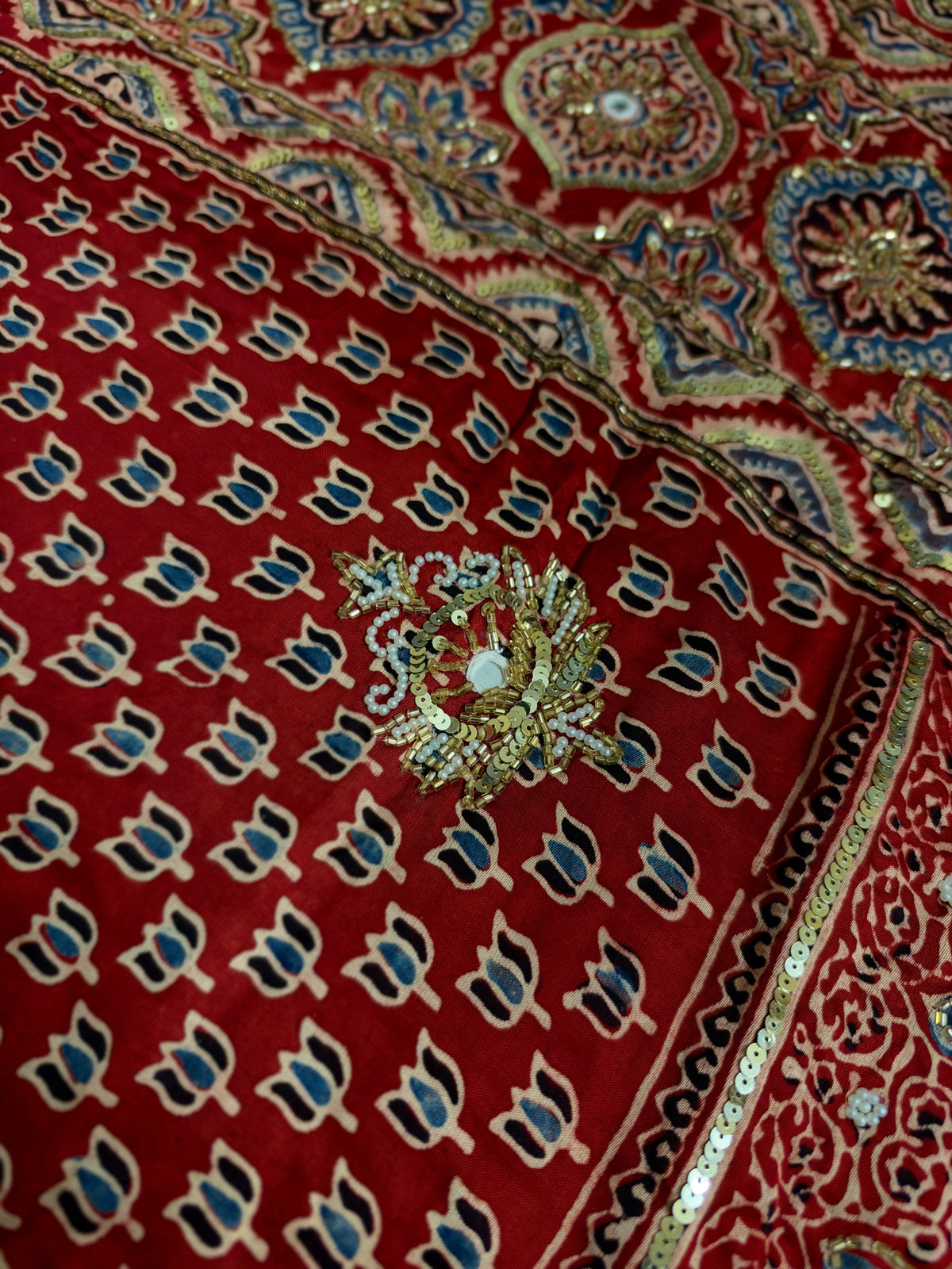 WHISPER GARDEN - Pure Modal Ajrakh Hand Embroidered Saree