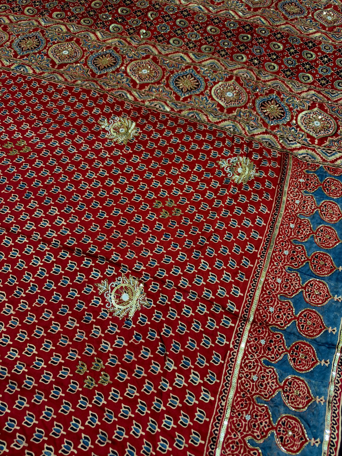 WHISPER GARDEN - Pure Modal Ajrakh Hand Embroidered Saree
