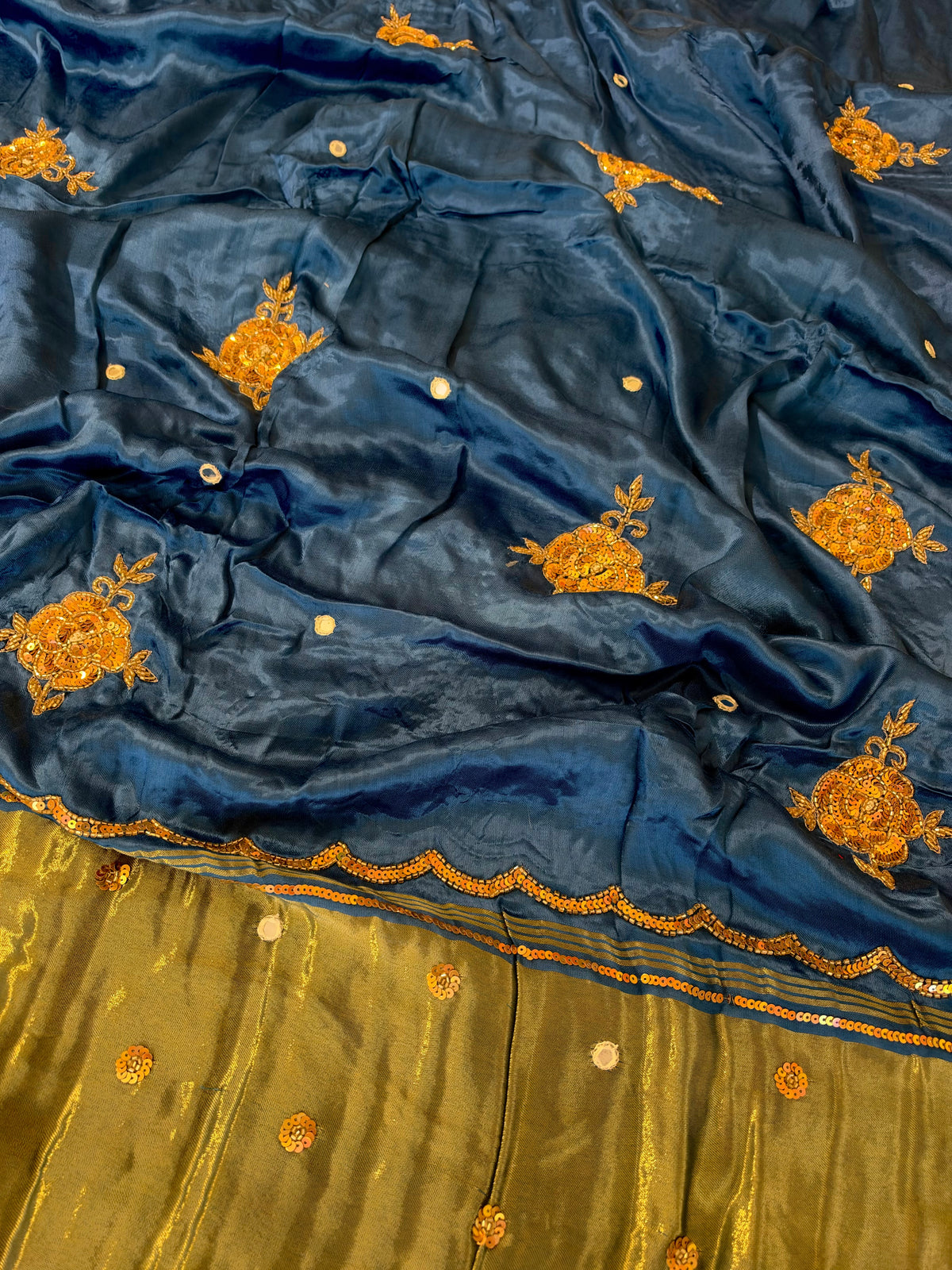 PRUSSIAN ROSE - Pure Modal Hand Embroidered Saree with Tassels