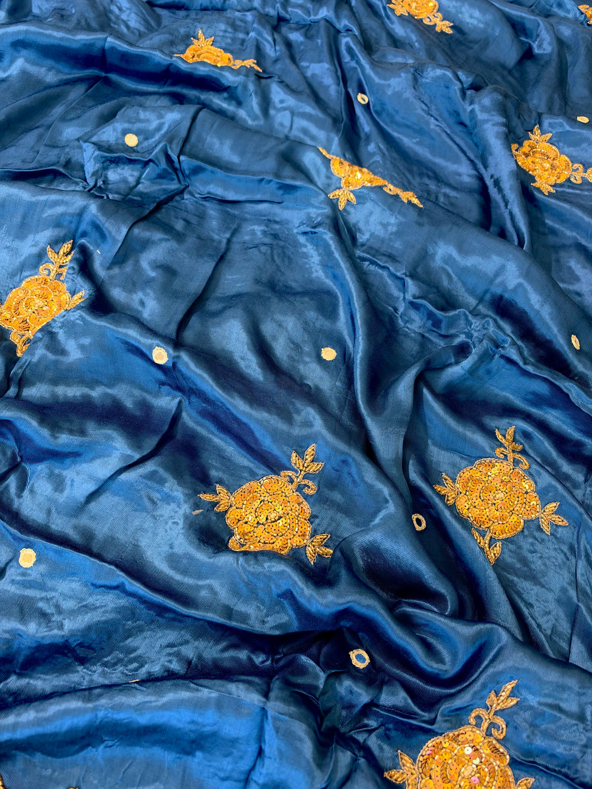 PRUSSIAN ROSE - Pure Modal Hand Embroidered Saree with Tassels