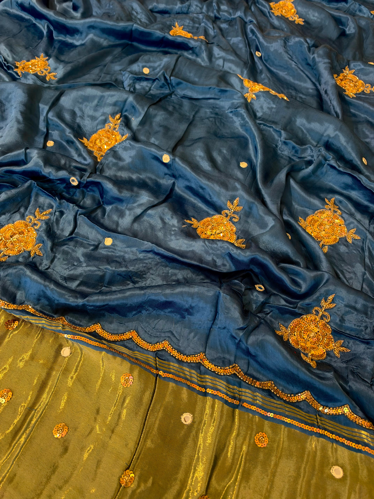 PRUSSIAN ROSE - Pure Modal Hand Embroidered Saree with Tassels