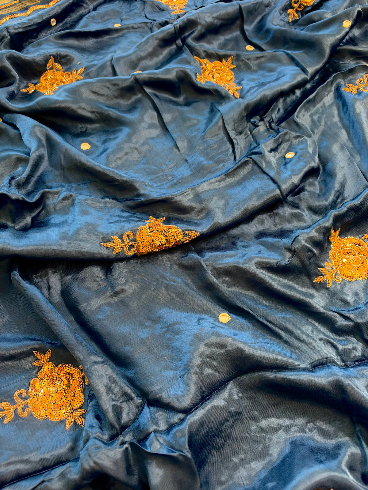 PRUSSIAN ROSE - Pure Modal Hand Embroidered Saree with Tassels