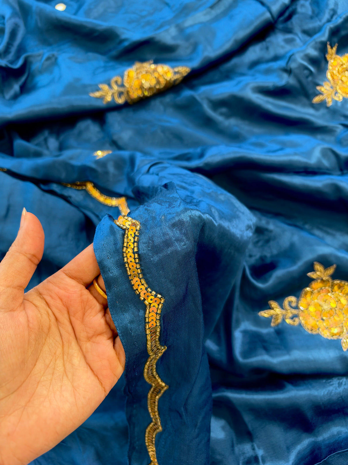PRUSSIAN ROSE - Pure Modal Hand Embroidered Saree with Tassels
