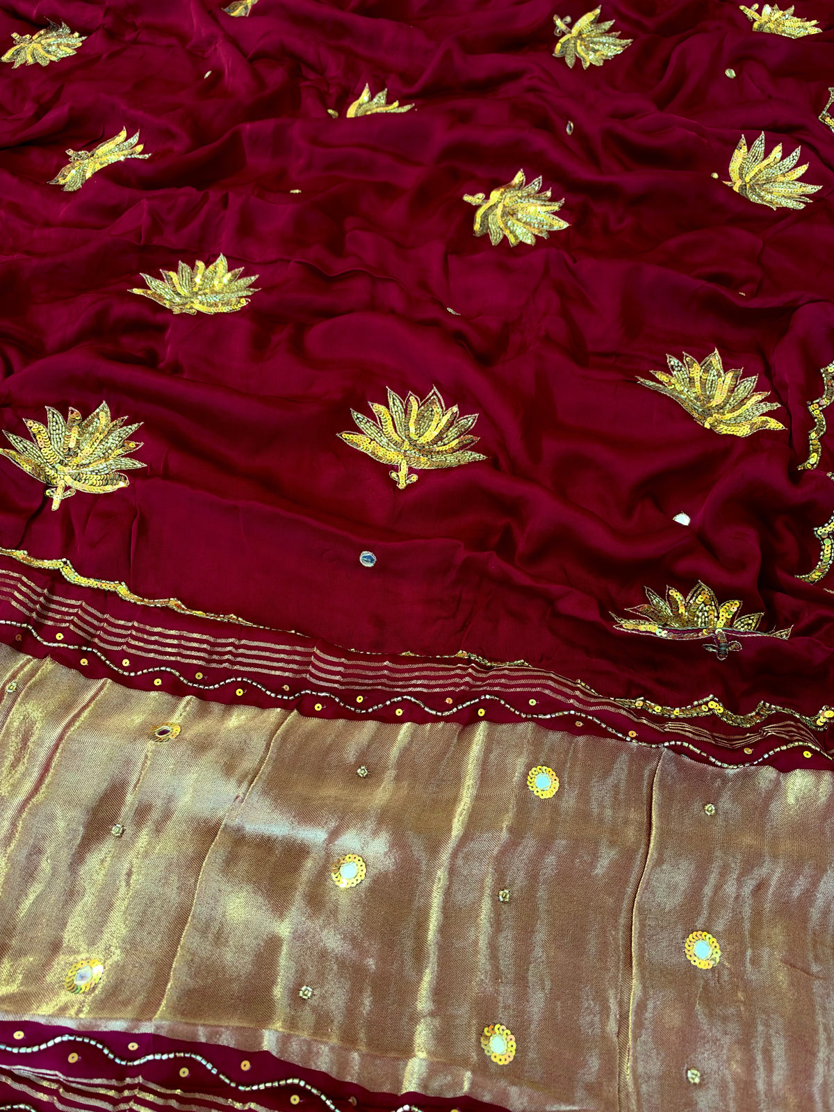 GARNET LOTUS - Pure Modal Hand Embroidered Saree with Tassels