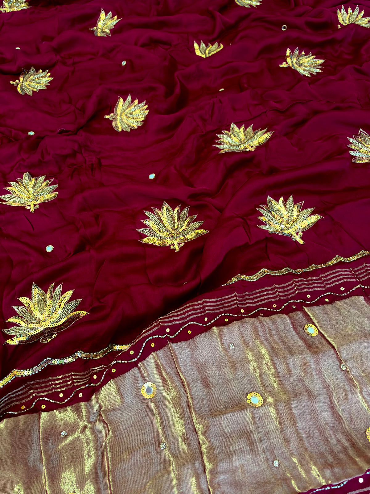 GARNET LOTUS - Pure Modal Hand Embroidered Saree with Tassels