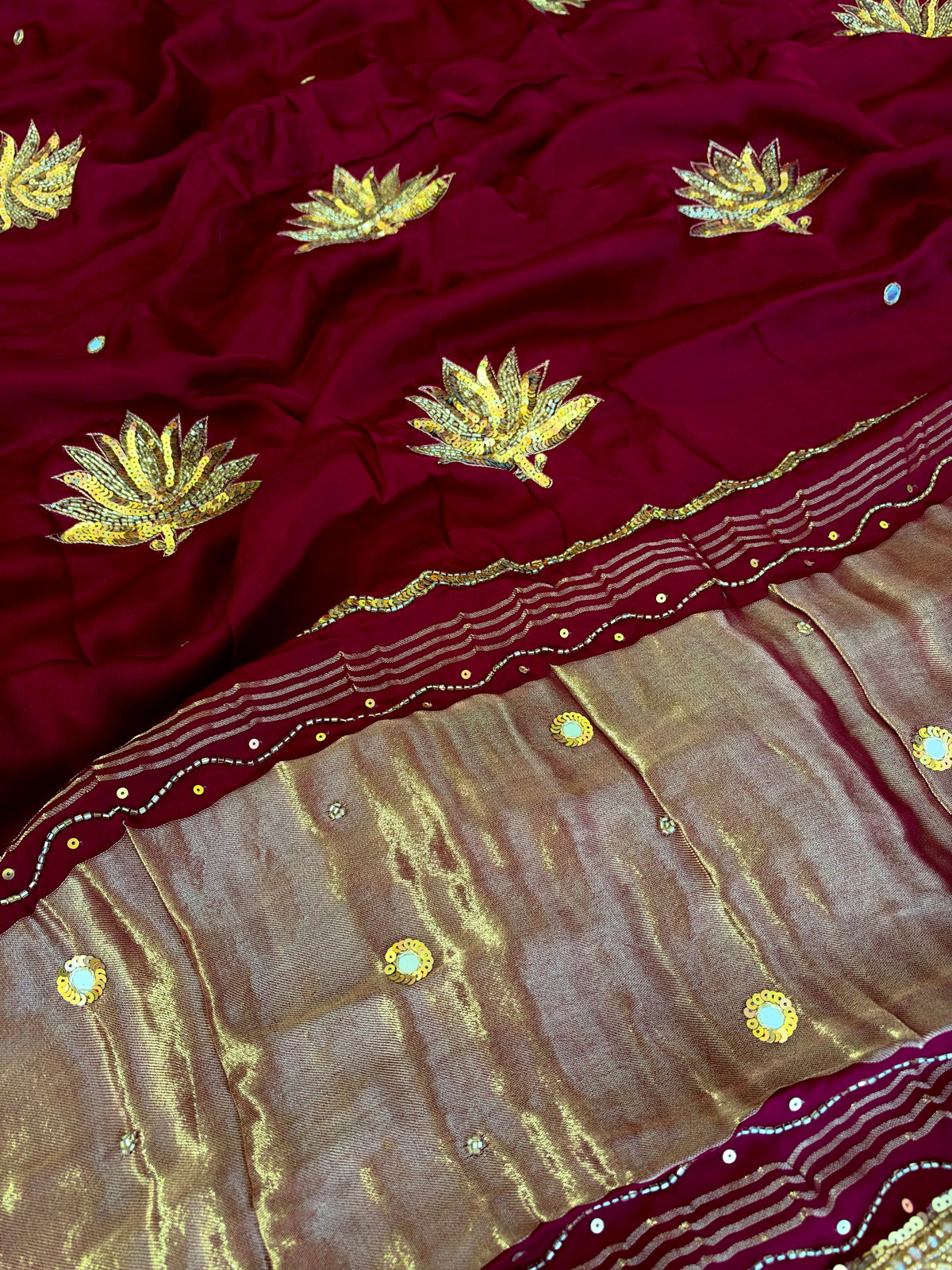 GARNET LOTUS - Pure Modal Hand Embroidered Saree with Tassels
