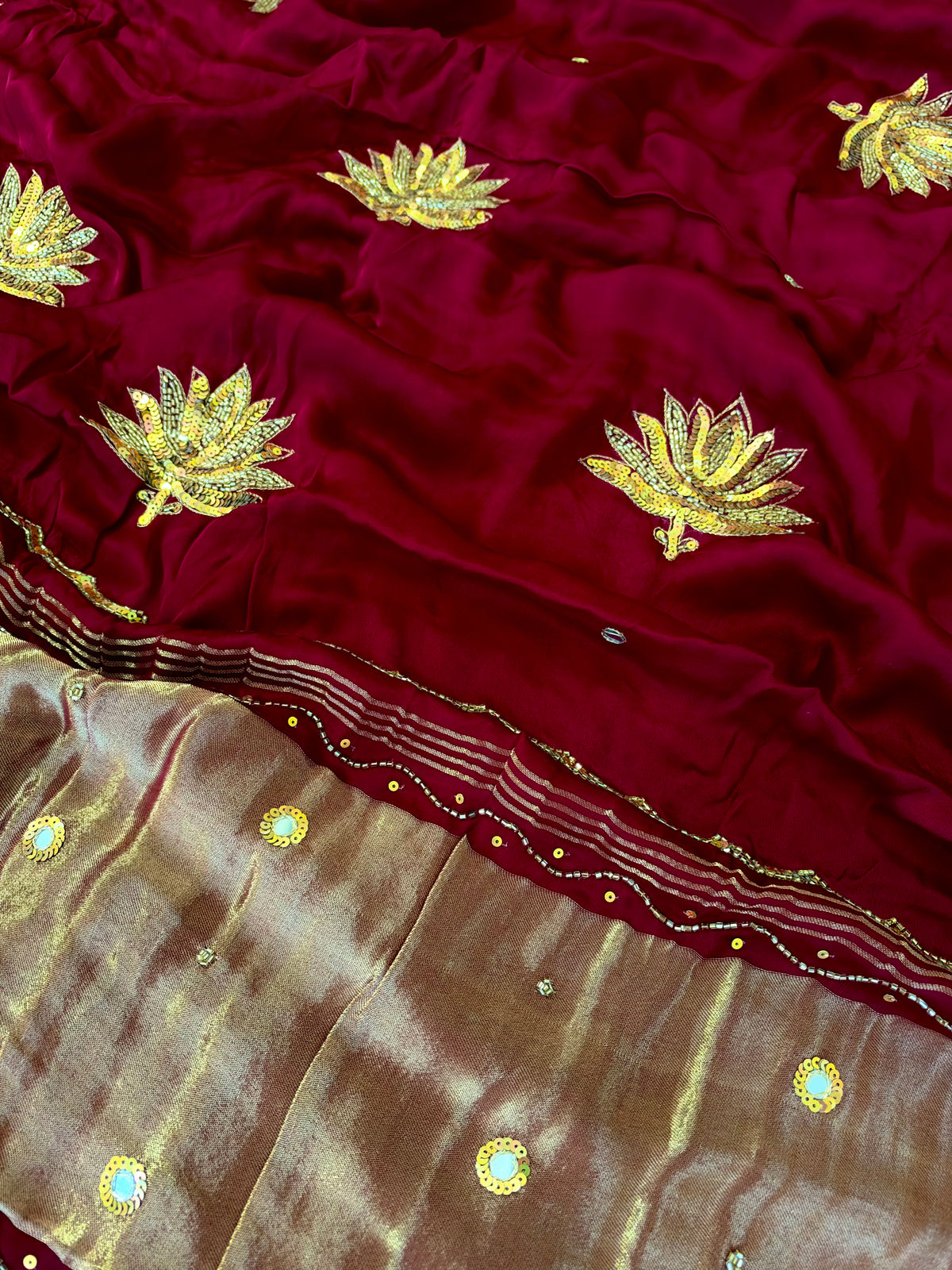 GARNET LOTUS - Pure Modal Hand Embroidered Saree with Tassels