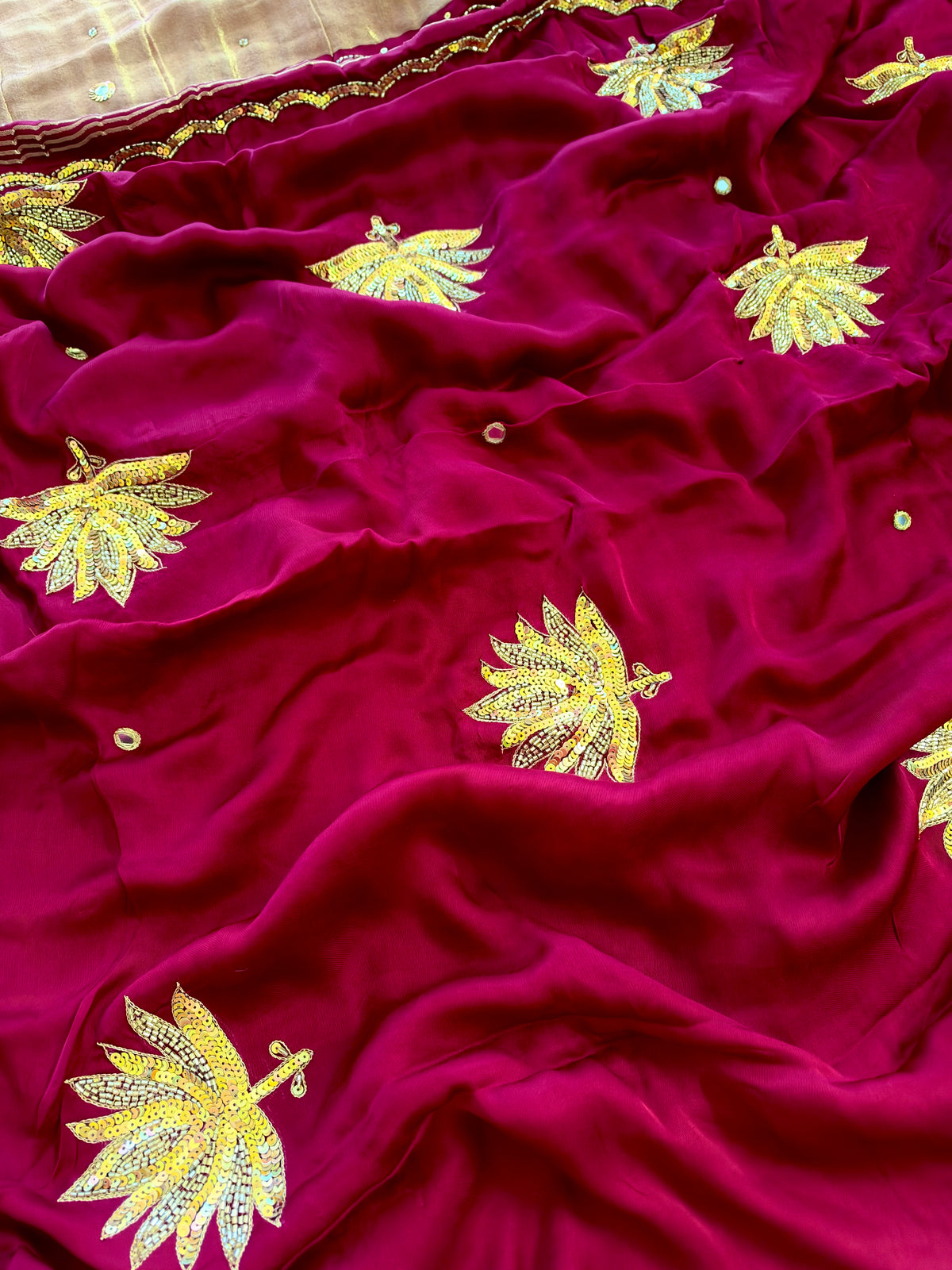 GARNET LOTUS - Pure Modal Hand Embroidered Saree with Tassels