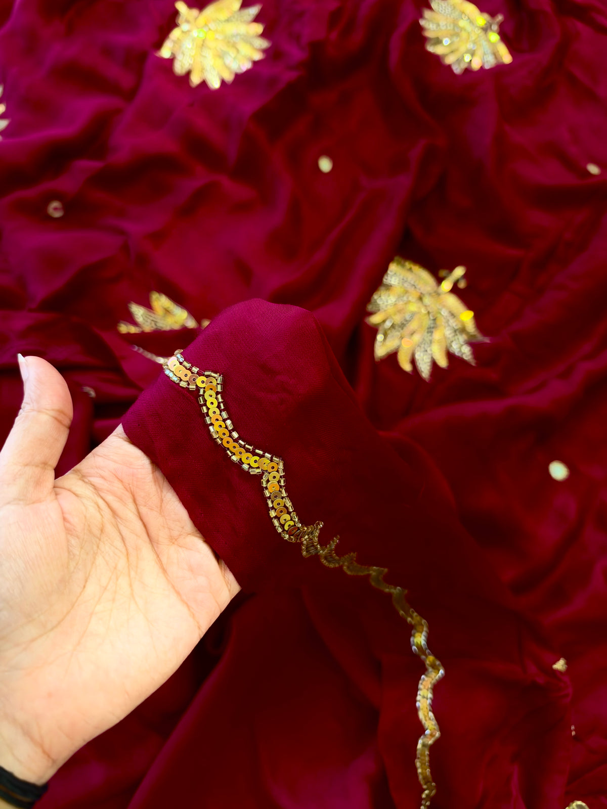 GARNET LOTUS - Pure Modal Hand Embroidered Saree with Tassels