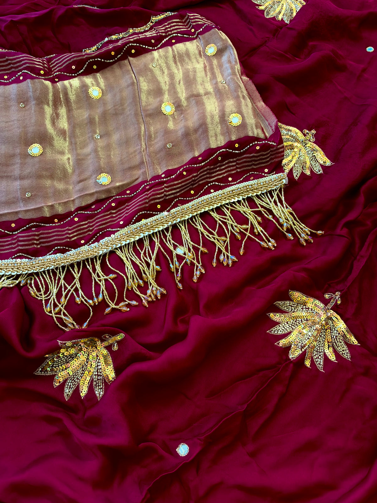 GARNET LOTUS - Pure Modal Hand Embroidered Saree with Tassels