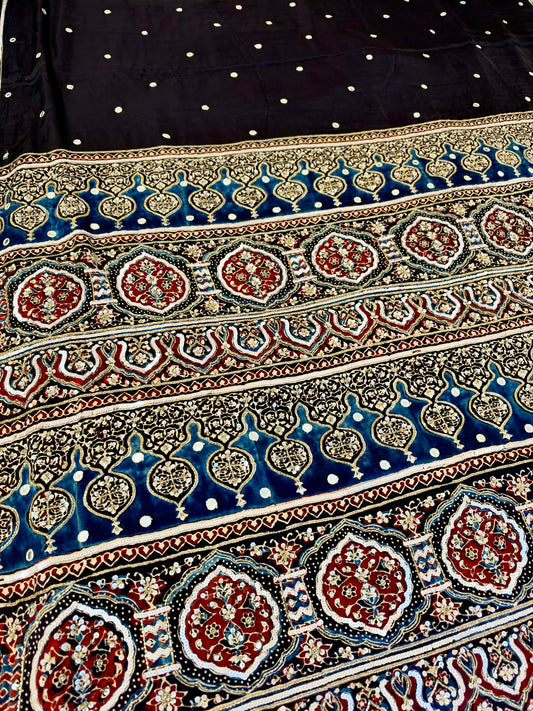 ONYX STARDUST - Pure Modal Ajrakh Hand Embroidered Saree
