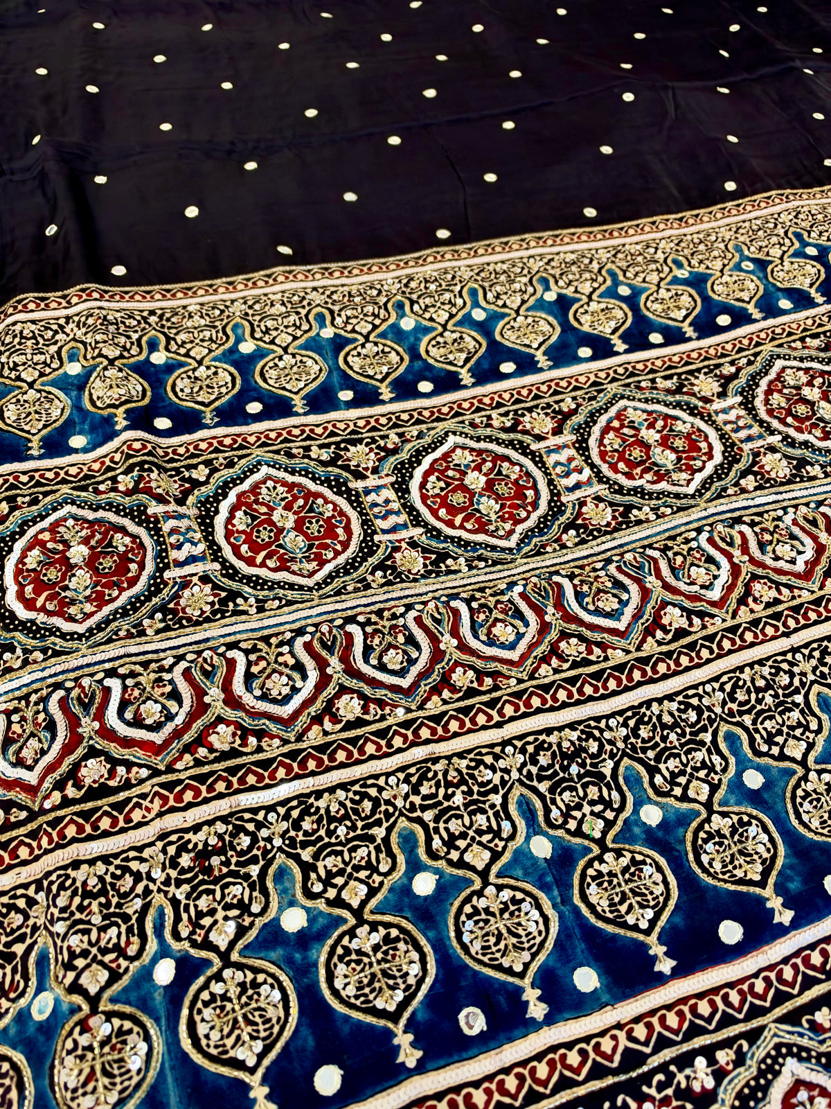 ONYX STARDUST - Pure Modal Ajrakh Hand Embroidered Saree