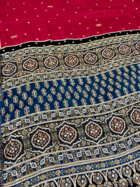 BLUSH BLING - Pure Modal Ajrakh Hand Embroidered Saree