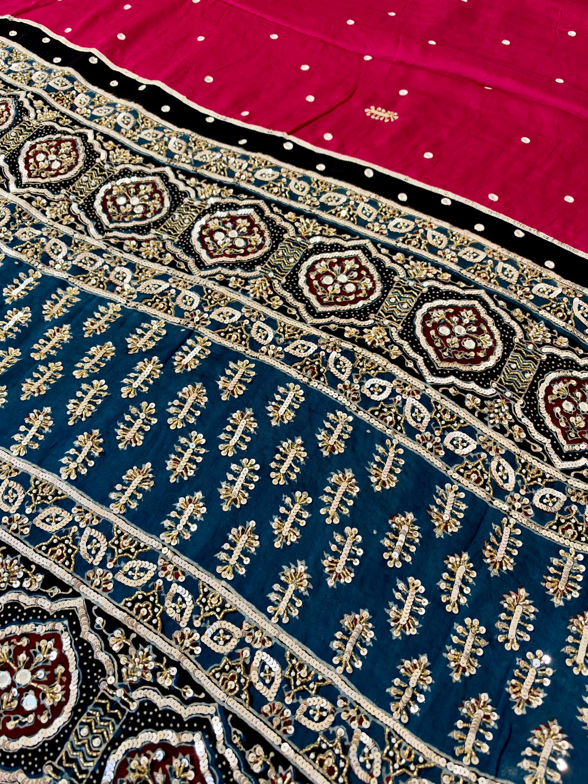 BLUSH BLING - Pure Modal Ajrakh Hand Embroidered Saree