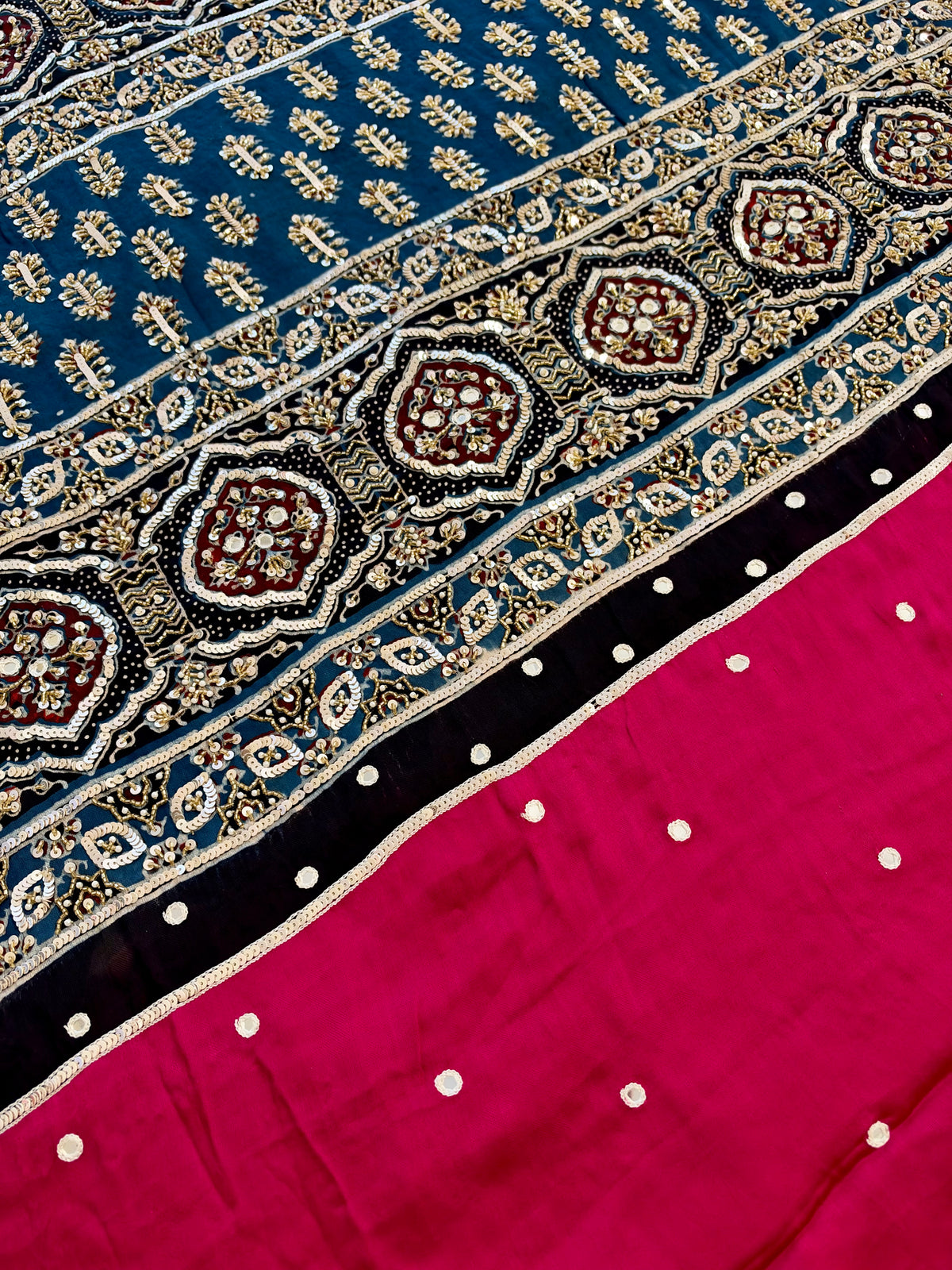 BLUSH BLING - Pure Modal Ajrakh Hand Embroidered Saree