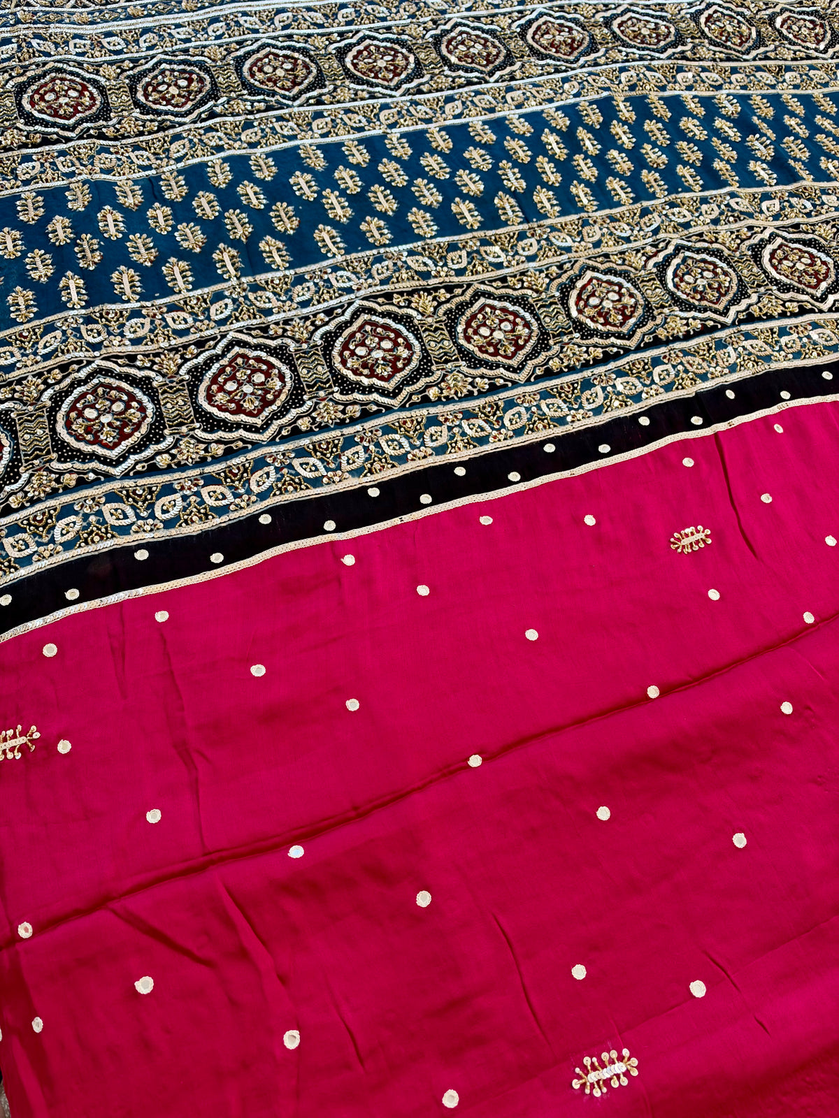 BLUSH BLING - Pure Modal Ajrakh Hand Embroidered Saree