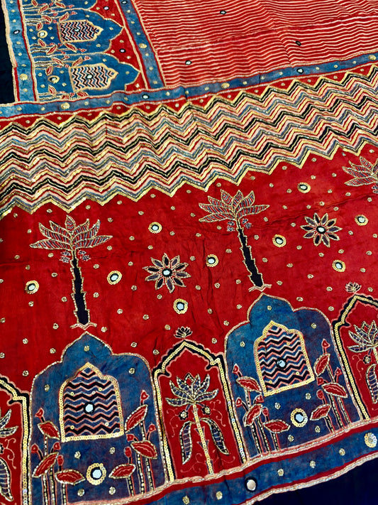 CRIMSON RADIANCE - Pure Modal Ajrakh Hand Embroidered Saree