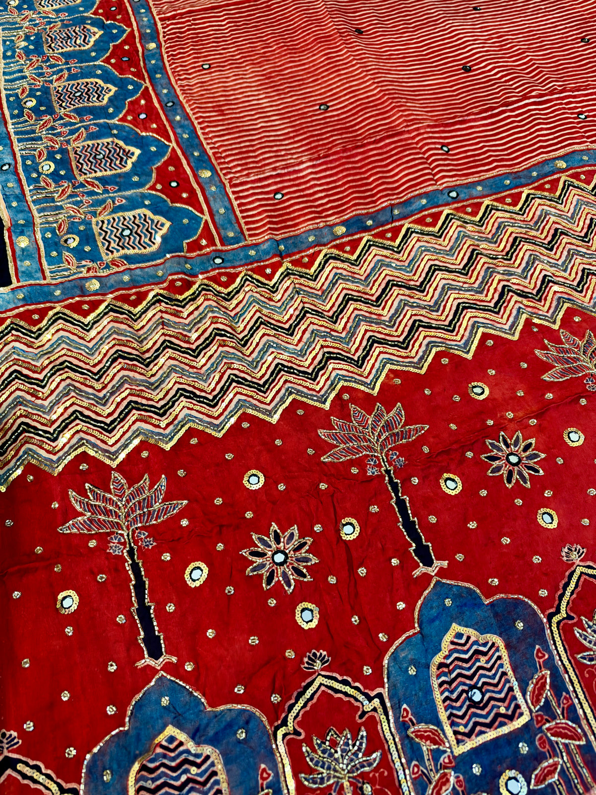 CRIMSON RADIANCE - Pure Modal Ajrakh Hand Embroidered Saree