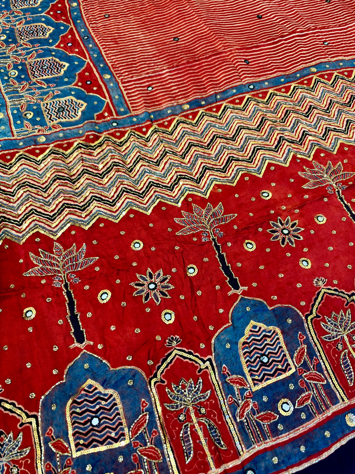 CRIMSON RADIANCE - Pure Modal Ajrakh Hand Embroidered Saree