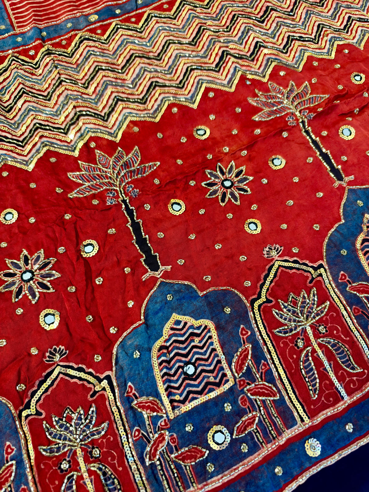 CRIMSON RADIANCE - Pure Modal Ajrakh Hand Embroidered Saree