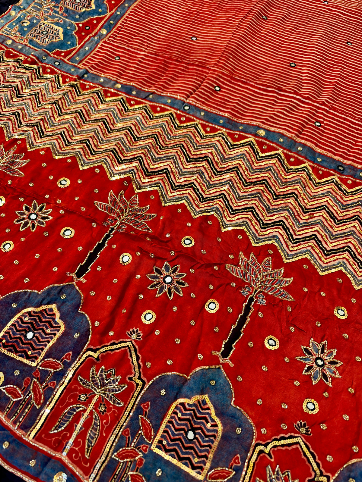 CRIMSON RADIANCE - Pure Modal Ajrakh Hand Embroidered Saree