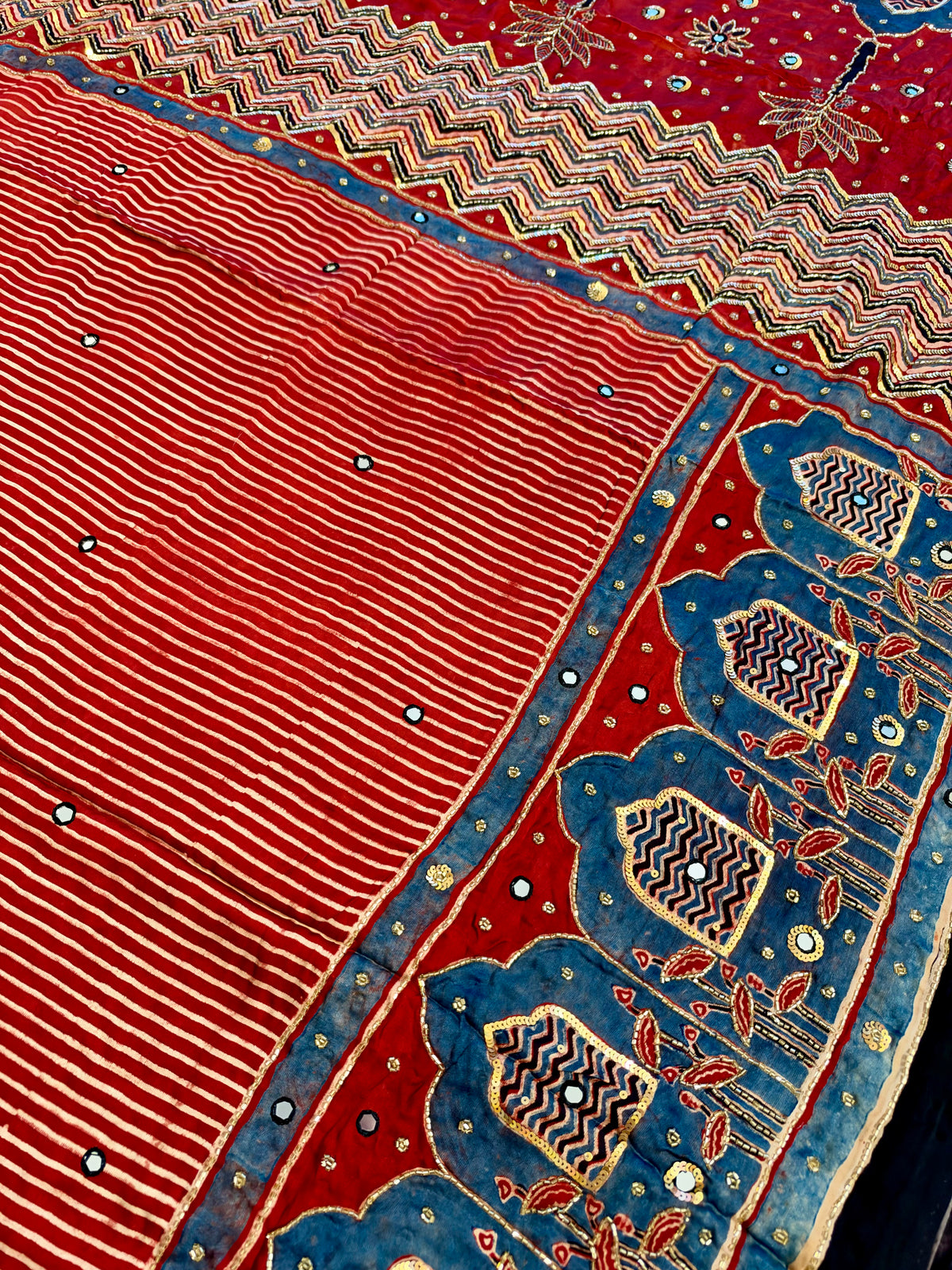 CRIMSON RADIANCE - Pure Modal Ajrakh Hand Embroidered Saree