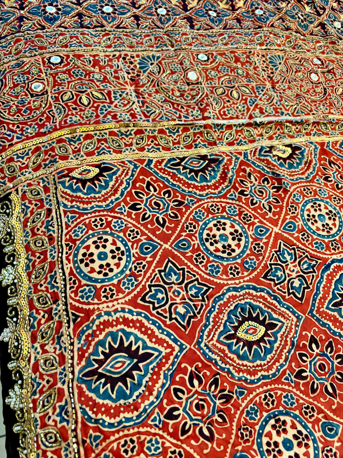FIERY ALLURE - Pure Modal Ajrakh Hand Embroidered Saree