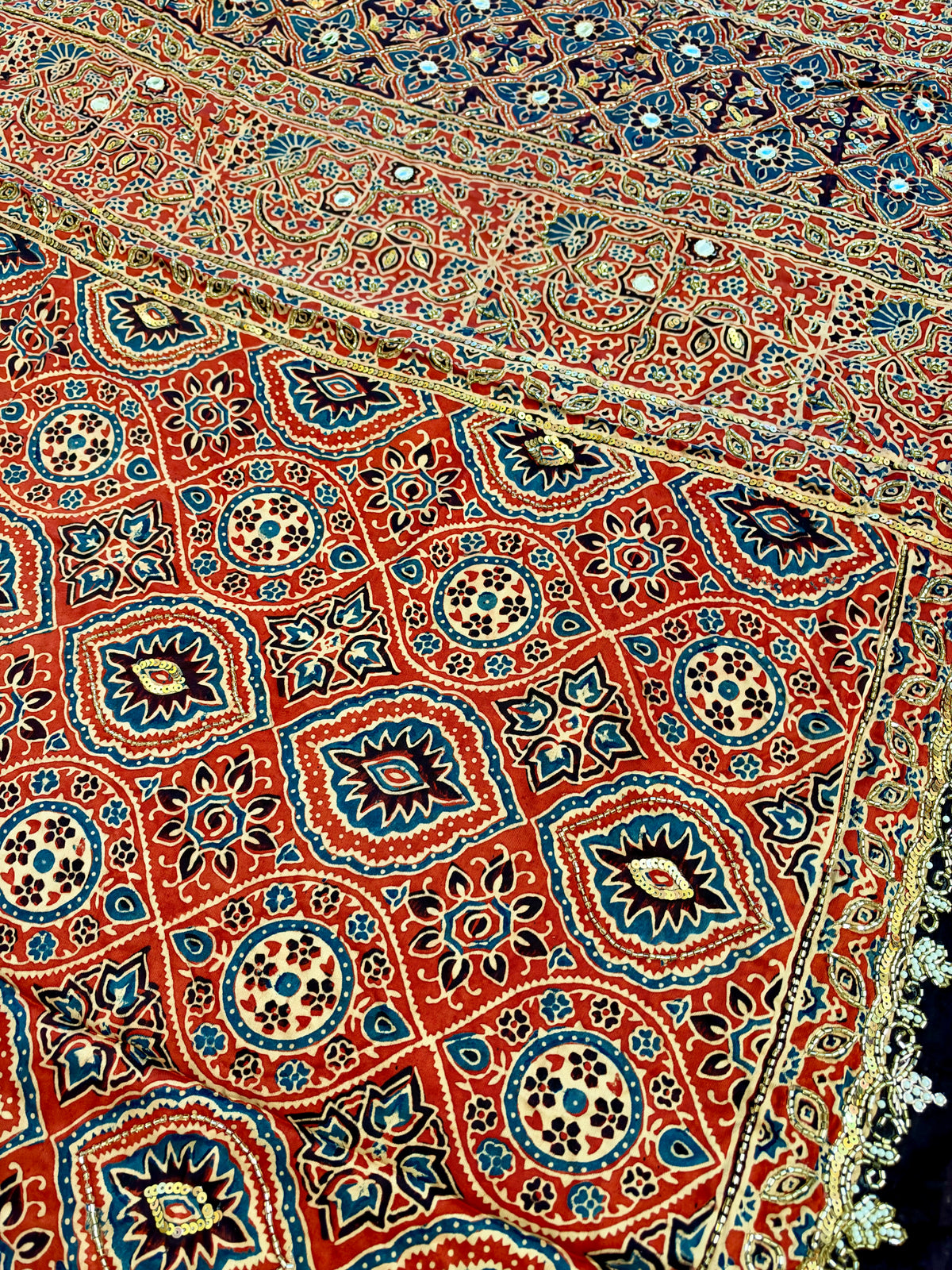 FIERY ALLURE - Pure Modal Ajrakh Hand Embroidered Saree
