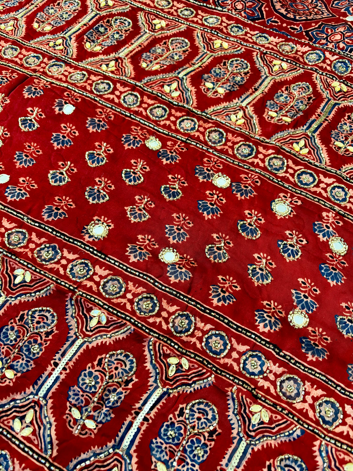 RUBY SUNSET - Pure Modal Ajrakh Hand Embroidered Saree