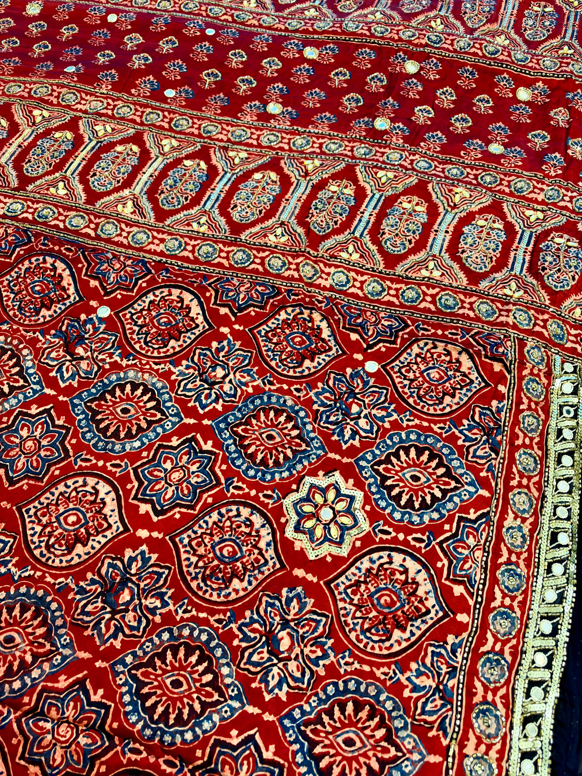 RUBY SUNSET - Pure Modal Ajrakh Hand Embroidered Saree