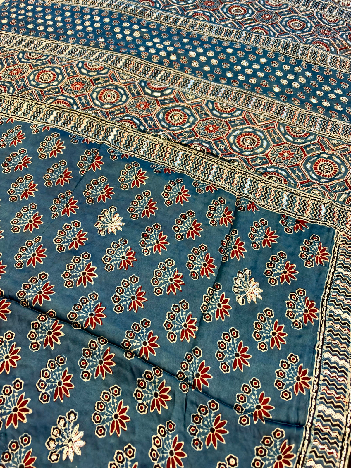 BLUE SERENE - Pure Modal Ajrakh Hand Embroidered Saree