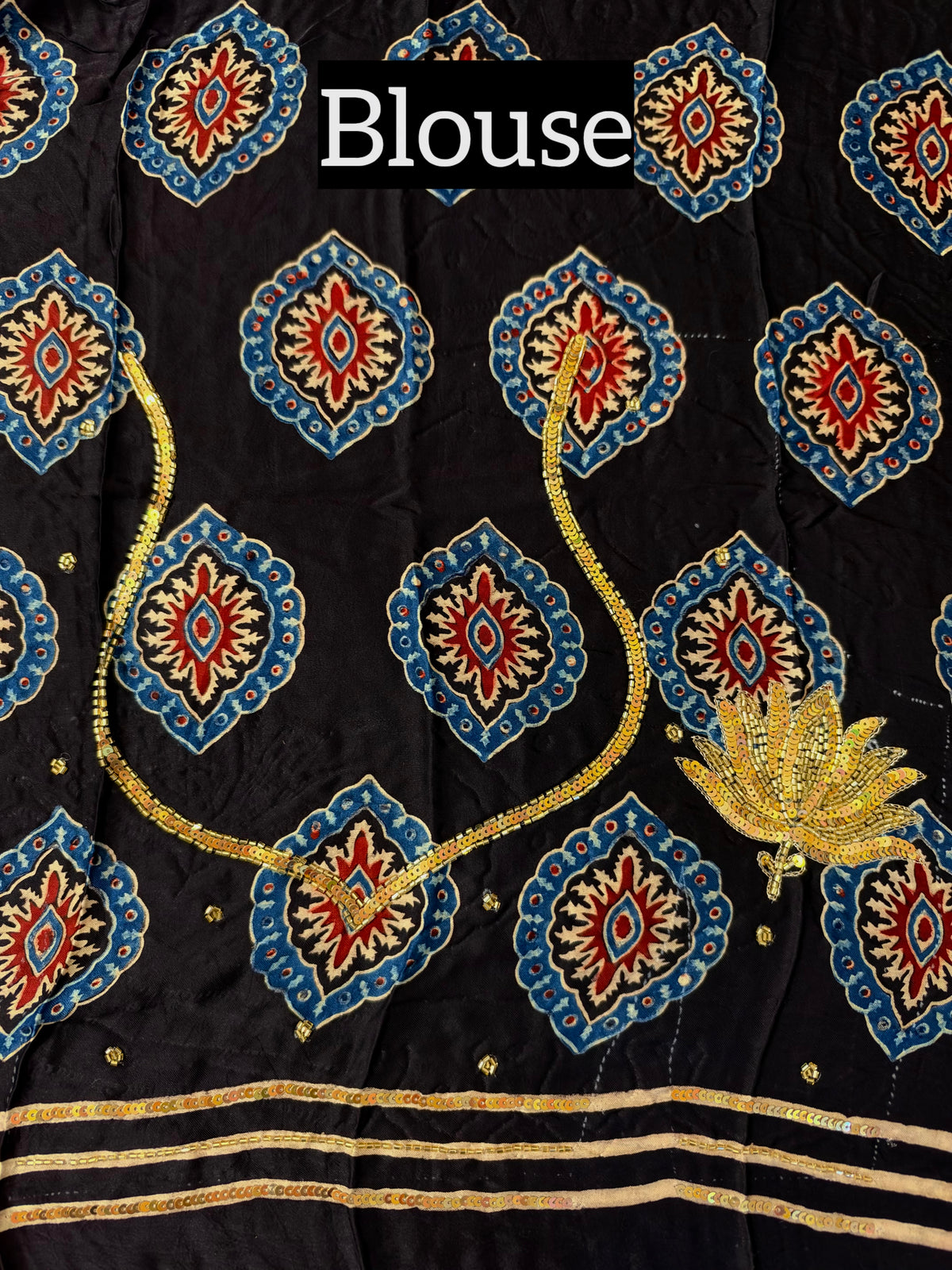 COBALT LOTUS - Pure Modal Ajrakh Hand Embroidered Saree